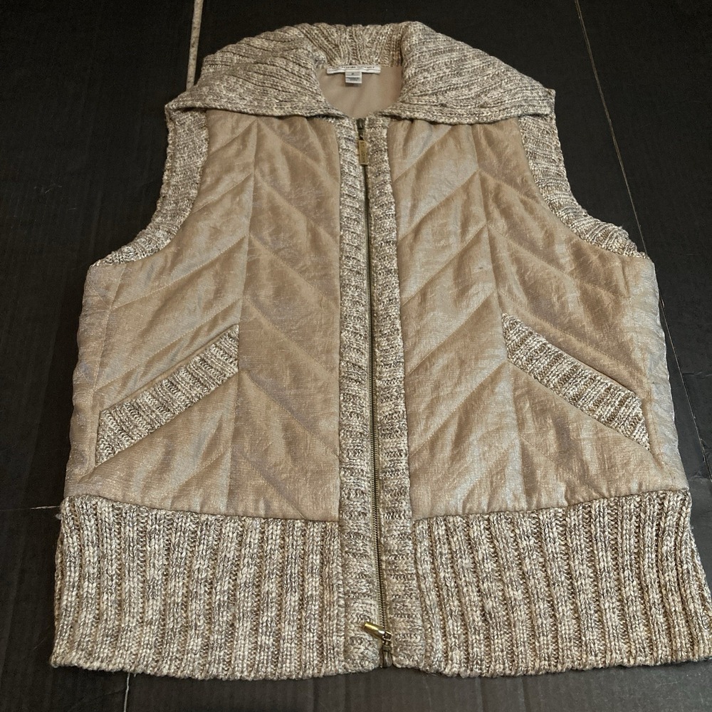 St. John Sport Vest ,Gold & Beige Quilted Full Zip Ribbed Knit Trim Size P